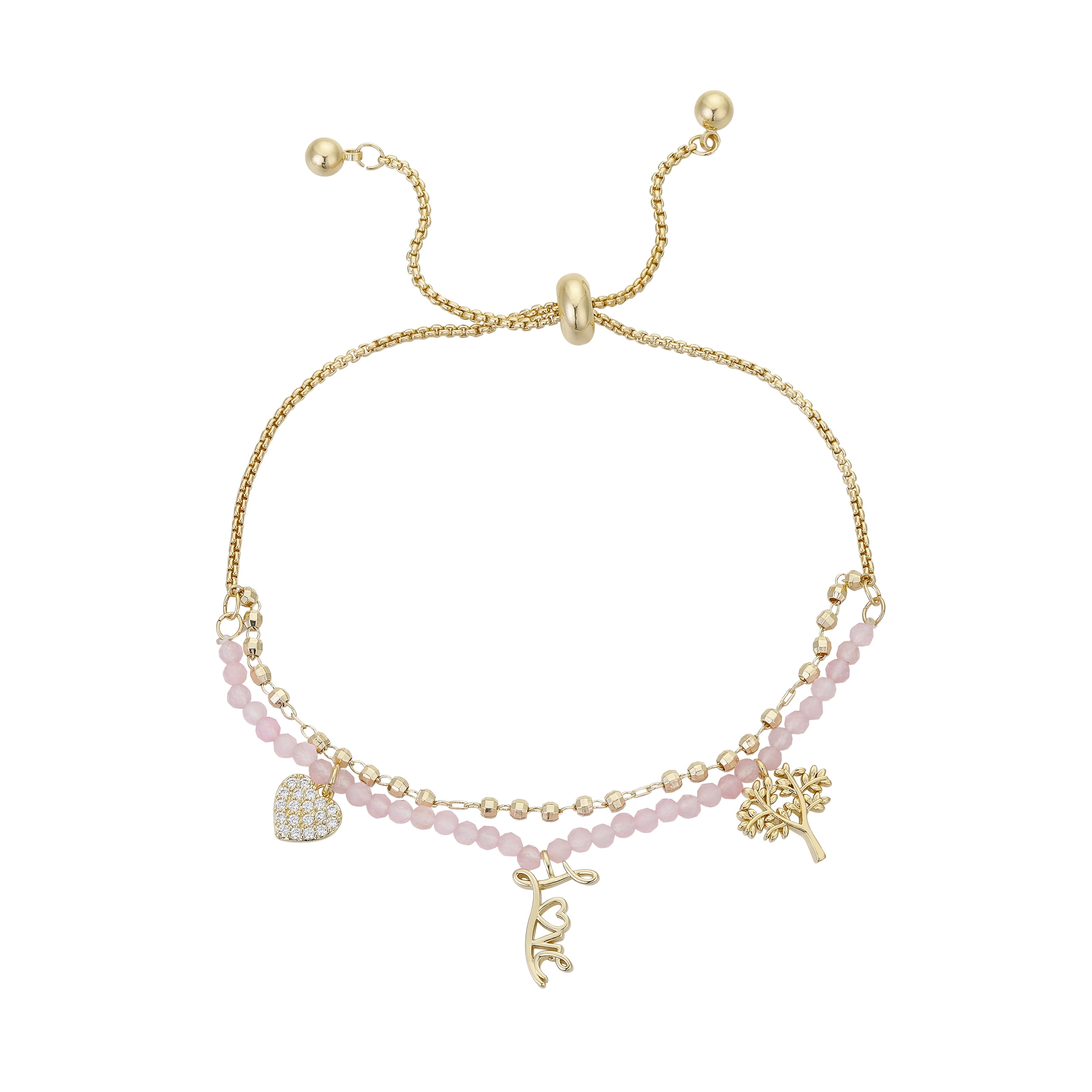 14K Gold Flash Plated Cubic Zirconia Tree, 'Love', and Heart Charms on a Rose Quartz Double Strand Bolo Bracelet