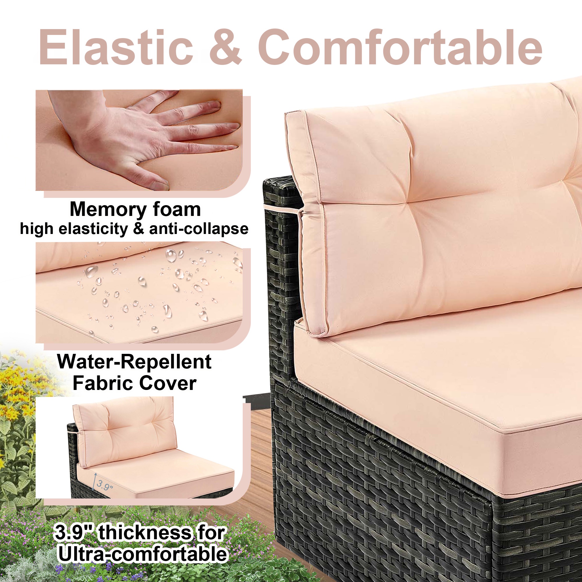 7 Pcs Patio Sofa Couch Sets, Brown Rattan Outdoor Sectional Furniture with Beige Cushions and Coffee Table, Patio Seating Sets for Garden Deck Backyard