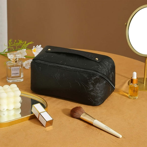 Openpig Travel Cosmetic Bag for Women, Large Capacity Cosmetic Bag, PU Waterproof Toiletry bag, Make-up Bag with Wide Opening Brown