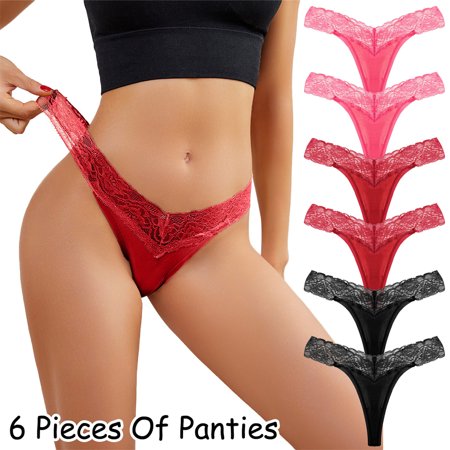 

Jieowen 6 Pack Women Lace Thongs Cotton Lace Trim Underwear Panties Low Rise T-back Seamless Thongs