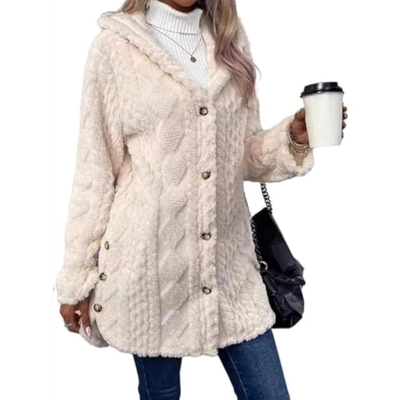 Women's Fall Winter Warm Fashion Jacquard Hooded Cardigan Long Sleeve Coat with Pockets for Casual Travel Work(S)