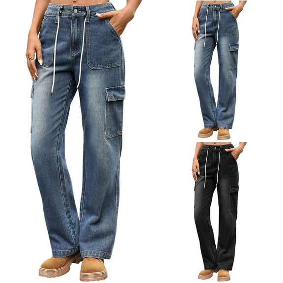 PXLKNZH Drawstring Denim Cargo Pants for Women Baggy Straight Leg Jeans with Pockets Casual High Waisted Trousers Black M