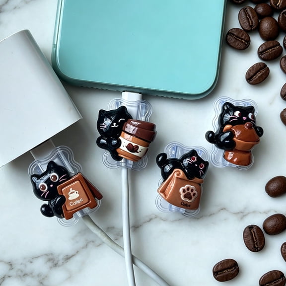 Tianyeda Cable Protector for iPhone iPad Charger Cord Protector Phone Accessory 4pcs Coffee Cat