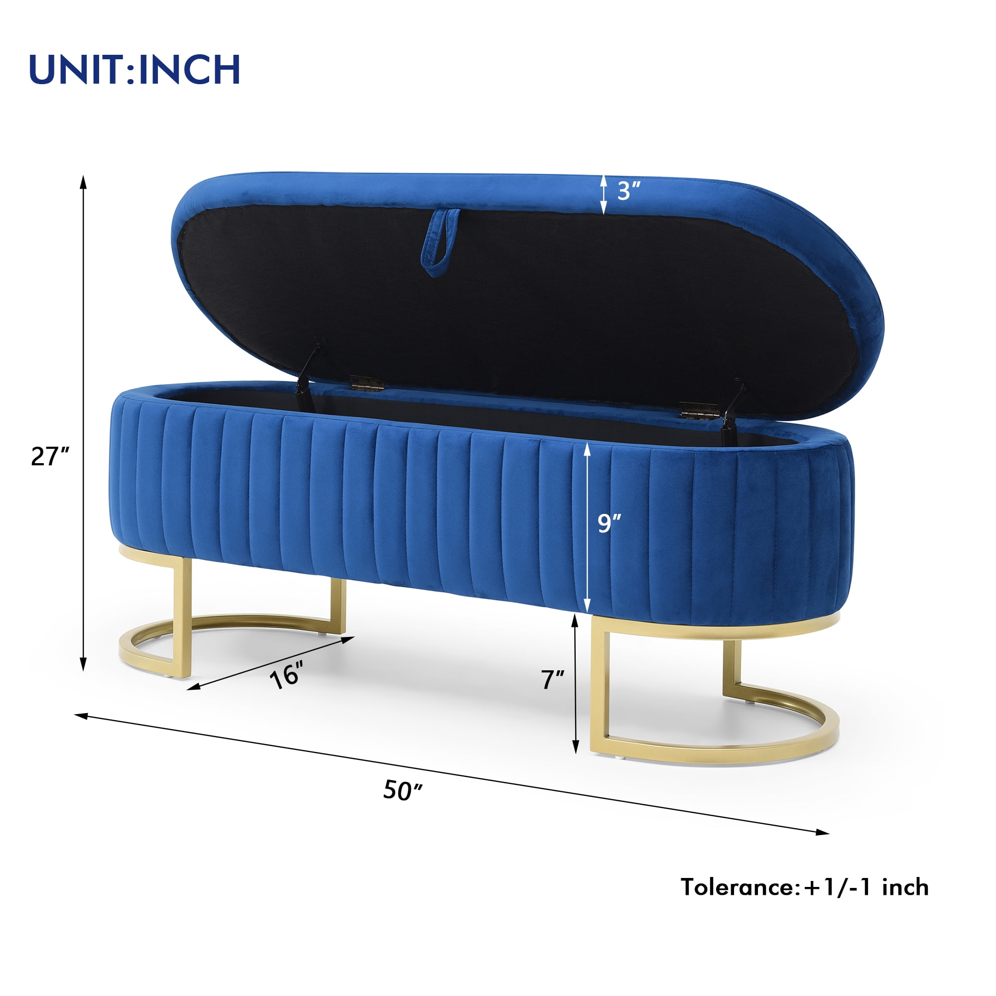 Miniyam Storage Bench Bedroom Bench, Velvet Oval Upholstered End of Bed Bench with Golden Metal Legs,Modern Storage Ottoman Bench,Blue