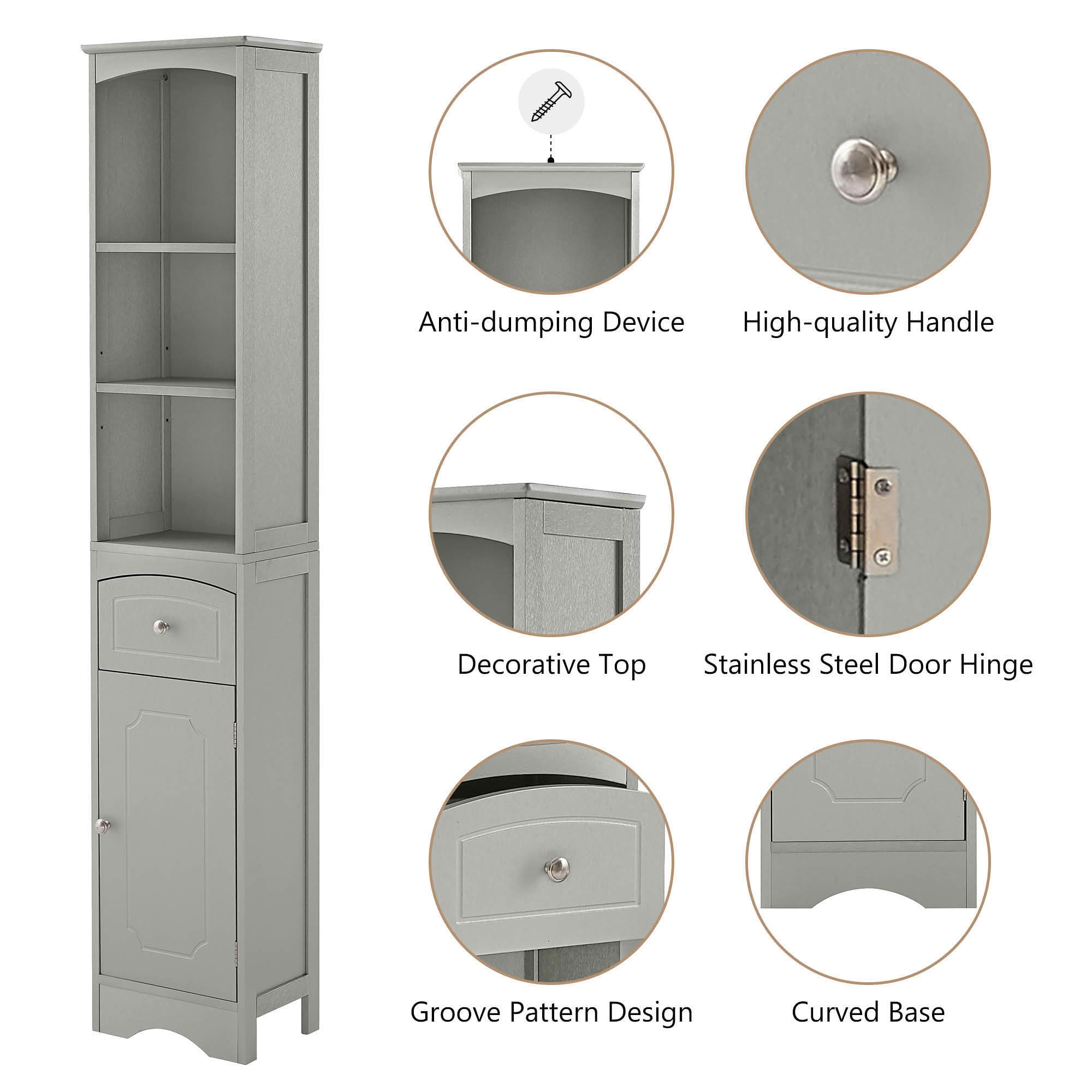 MAYEERTY Tall Bathroom Cabinet Freestanding Storage Drawer MDF Adjustable Shelf Gray