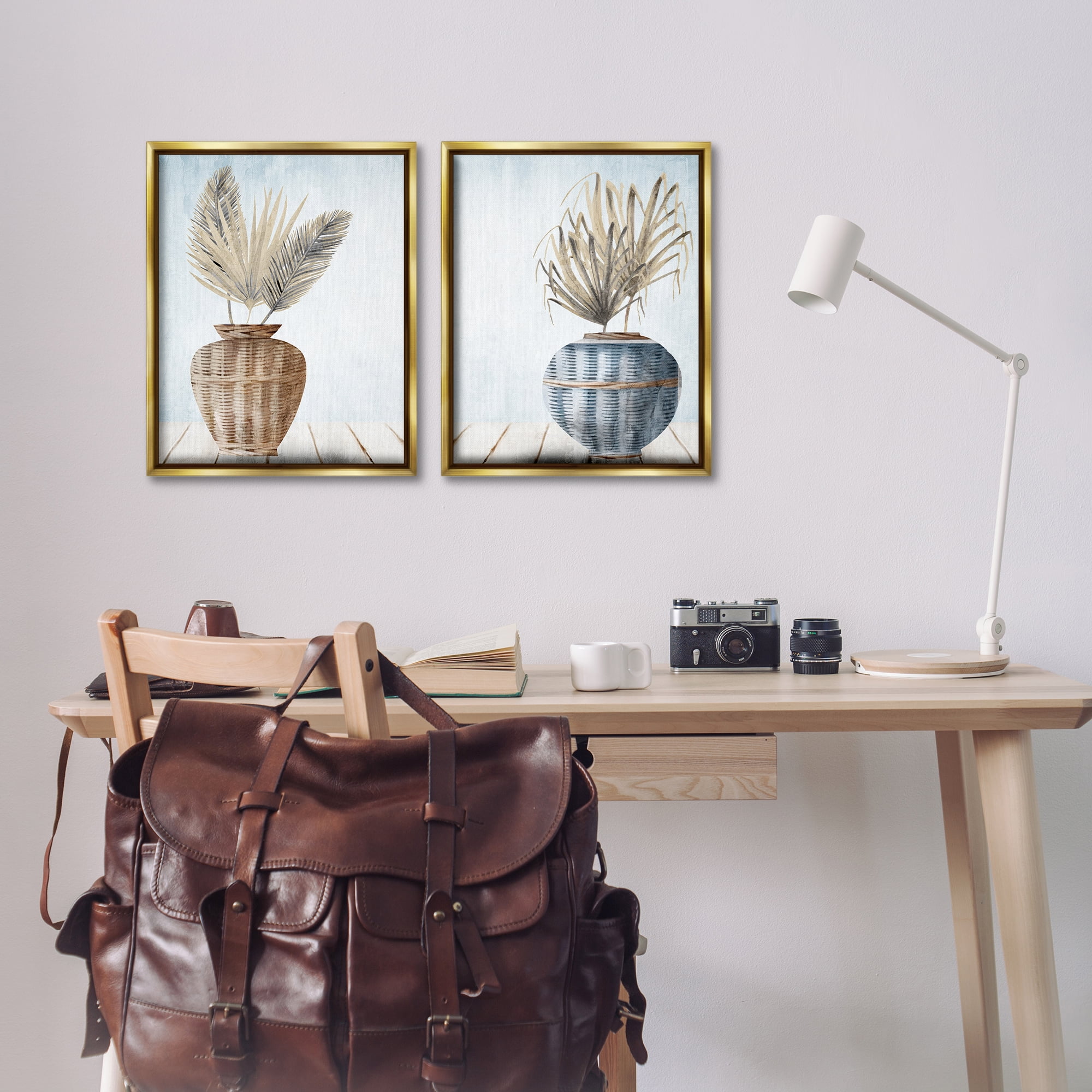 Stupell Industries Palms in Rattan Planters Floral & Botanical Painting Gold Floater Framed Canvas Art Print Wall Art, 17 x 21, Set of 2