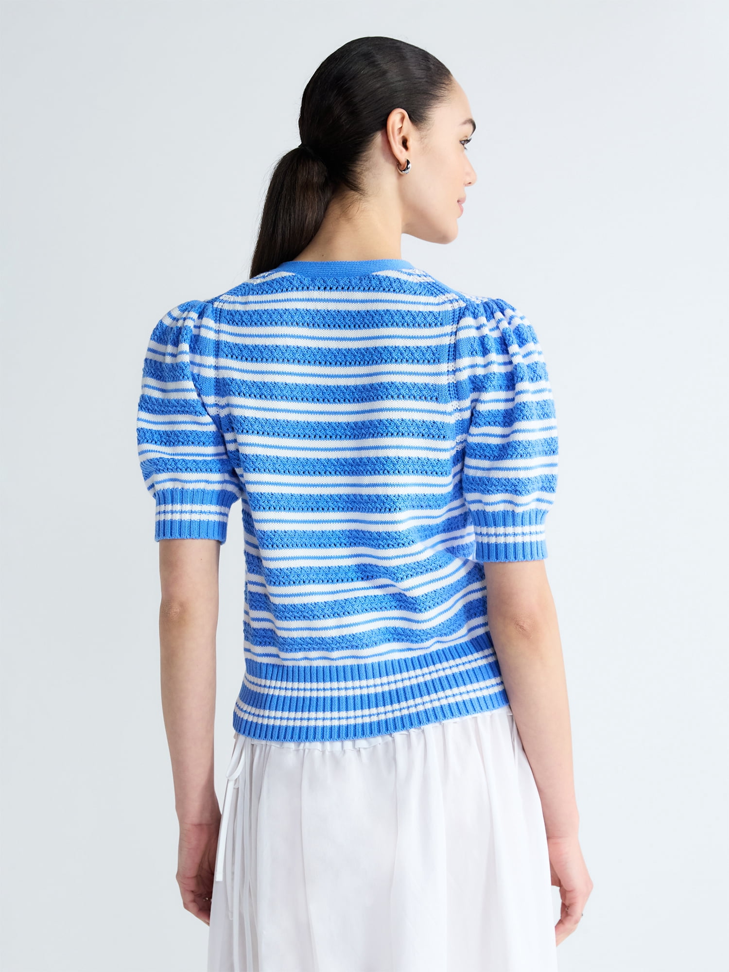 Free Assembly's Women's Cotton Crochet Cardigan Sweater with Puff Sleeves, Sizes XS-4X
