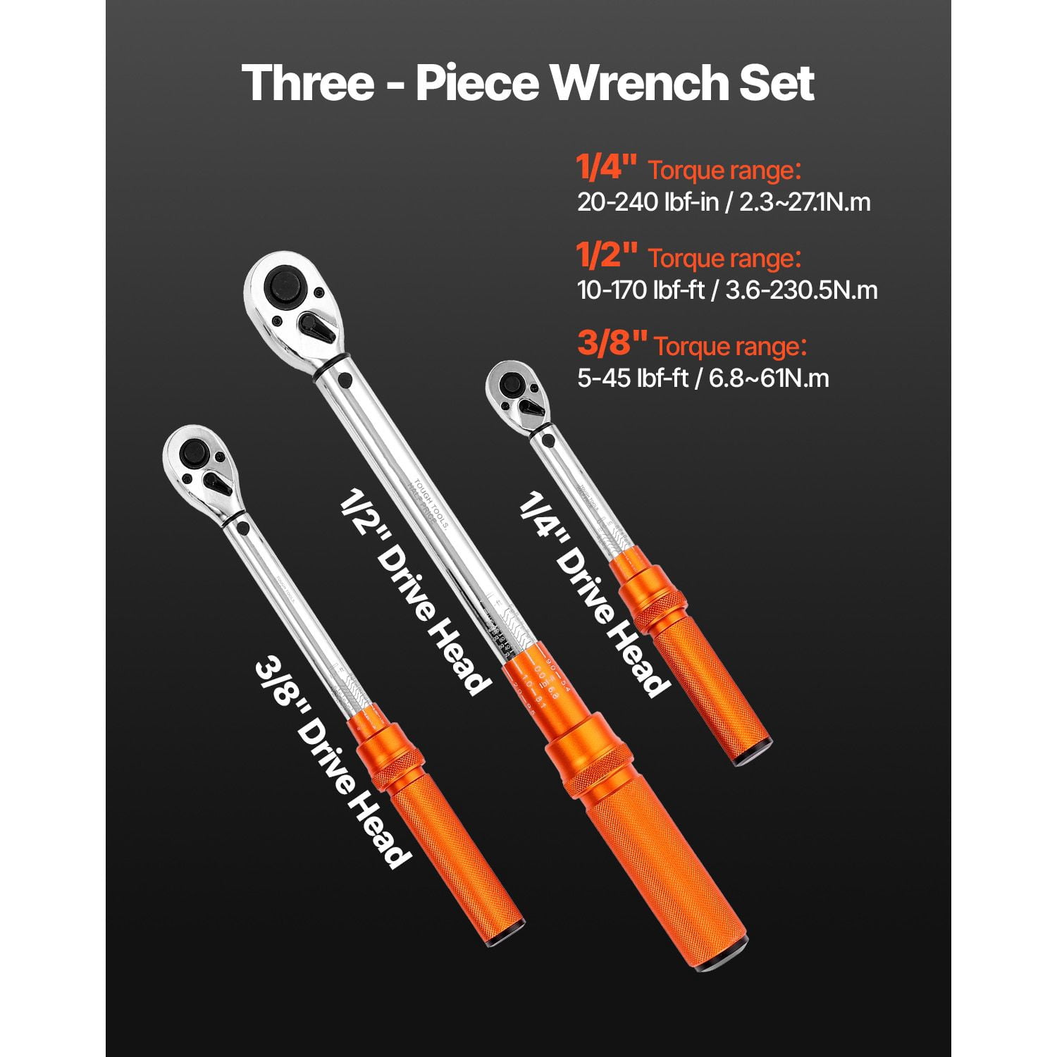 Zaverox 3PCS Click Torque Wrench Set, 1/4" 3/8" 1/2" Drive Dual Range 72-Tooth High Precision Wrench for Bicycle Auto Repair