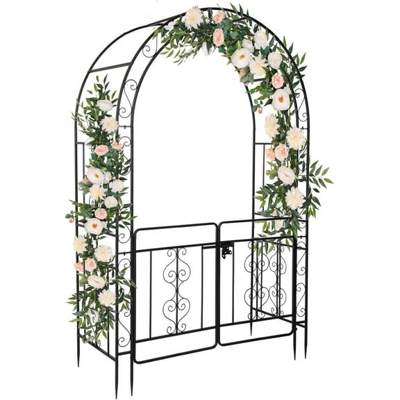 GFNXYI 7FT Garden Arch Arbor with Entry Door, Heavy Duty Metal Arbour Archway, Decorative Frame Stand Trellis with Ground Stakes for Wedding Ceremony Party Plant Climbing Rose Vines Patio Black