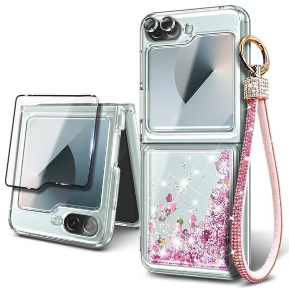 NGB SUPREMACY For Samsung Galaxy Z Flip6 Phone Case Screen Protector Wrist Strap Lanyard Shiny Sparkly Glitter Galaxy Z Flip 6 Case Cover