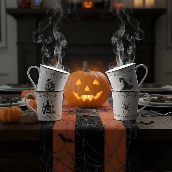 222 Fifth Elegant Haunting 4-Piece White Porcelain Halloween Mug Set- 20.29 oz, Microwave Safe