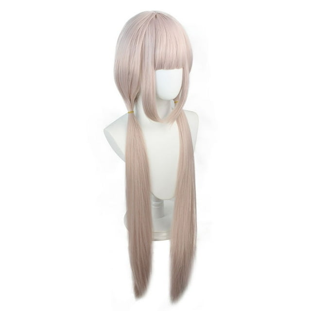 Peluca larga para cosplay, rosa claro, con coletas dobles, 100 cm, sintética