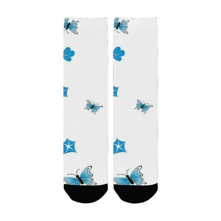 

Landscape Nature Theme Flowers Circles and Leaves Flying Butterflies Print Slate Blue White Black Women s Custom Socks (Made In USA)