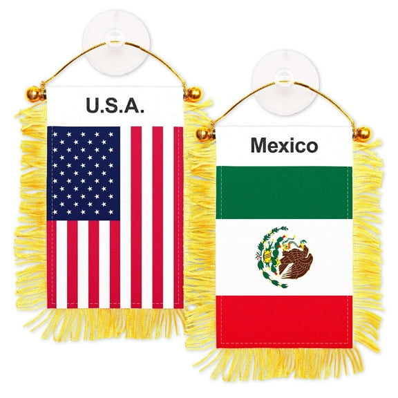 G128 Combo Pack: American USA & Mexico Mexican Fringy Flag Double Sided 3x5 In | Both Fringy Hanging Flag with Suction Cup