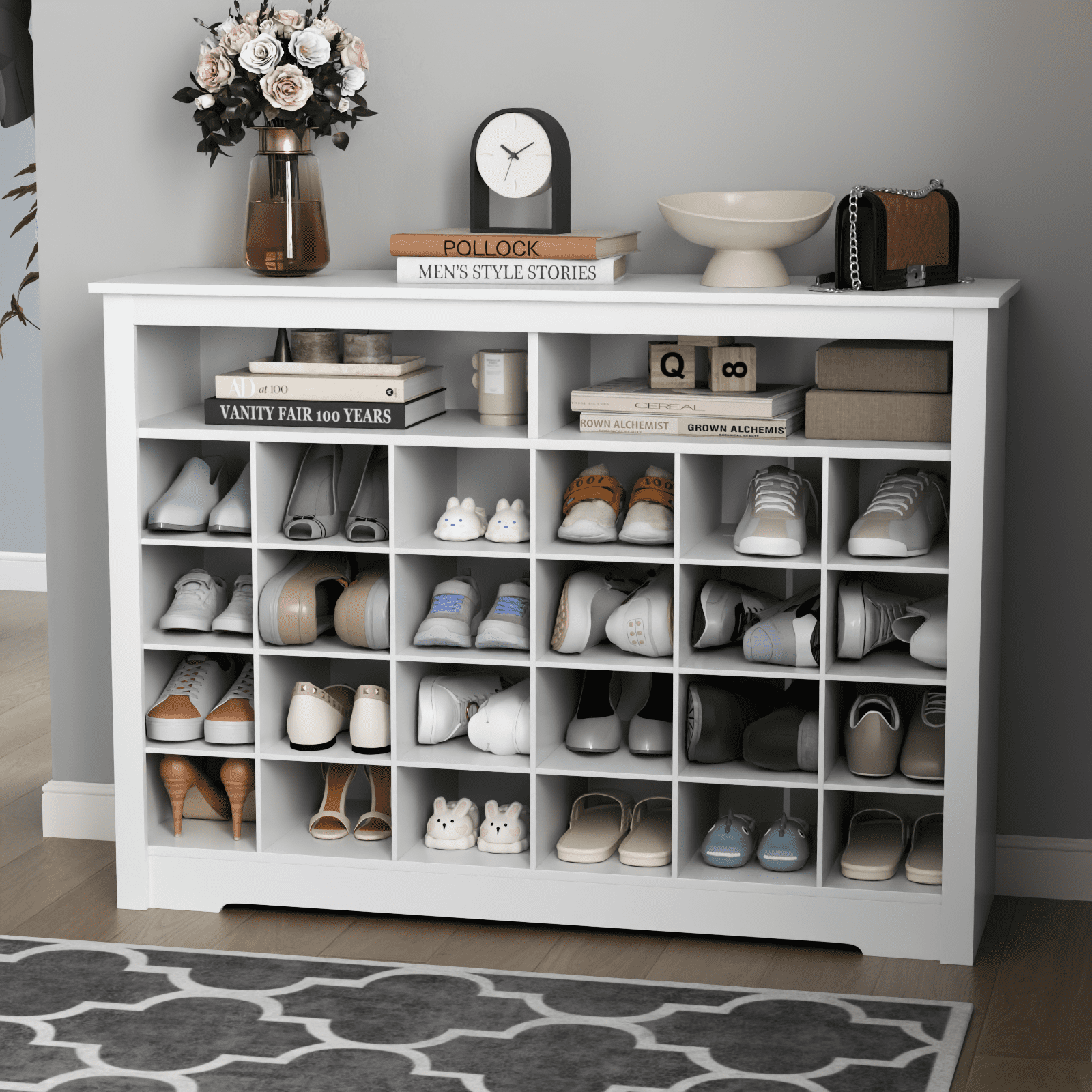 5-Tier Shoe Storage Cabinet, White Freestanding Shoe Rack with 26 Cubbies, Modern Wooden Shoe Organizer with 24 Pair Shoe for Entryway, Closet, Living Room, White