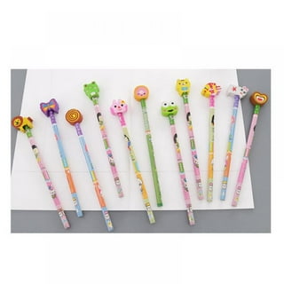 BUSHIBU Kids Wooden Pencils 12 Pack Colorful Stripe Pencil with Cute Cartoon Animals Eraser for School Supplies and Children Prize Gifts