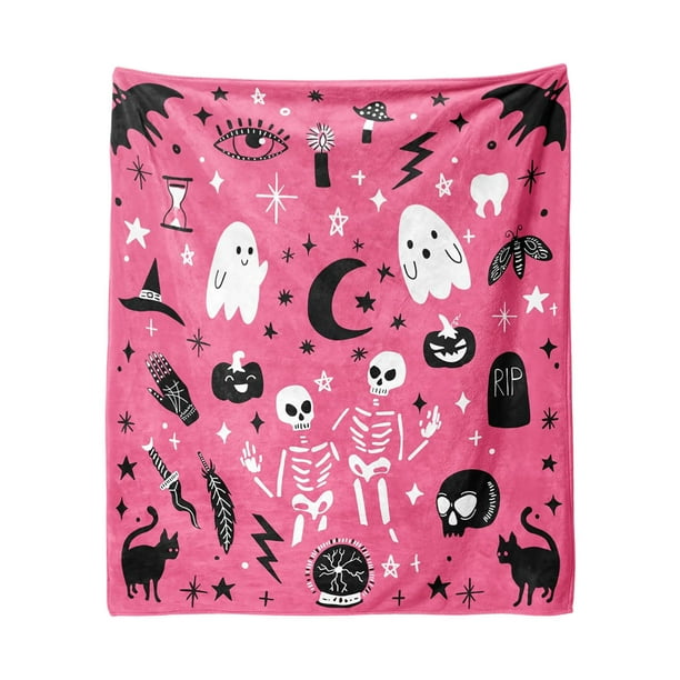 Manta de Halloween con esqueleto, bruja y calabaza para Halloween Manta de franela y lana para el salón y la cama