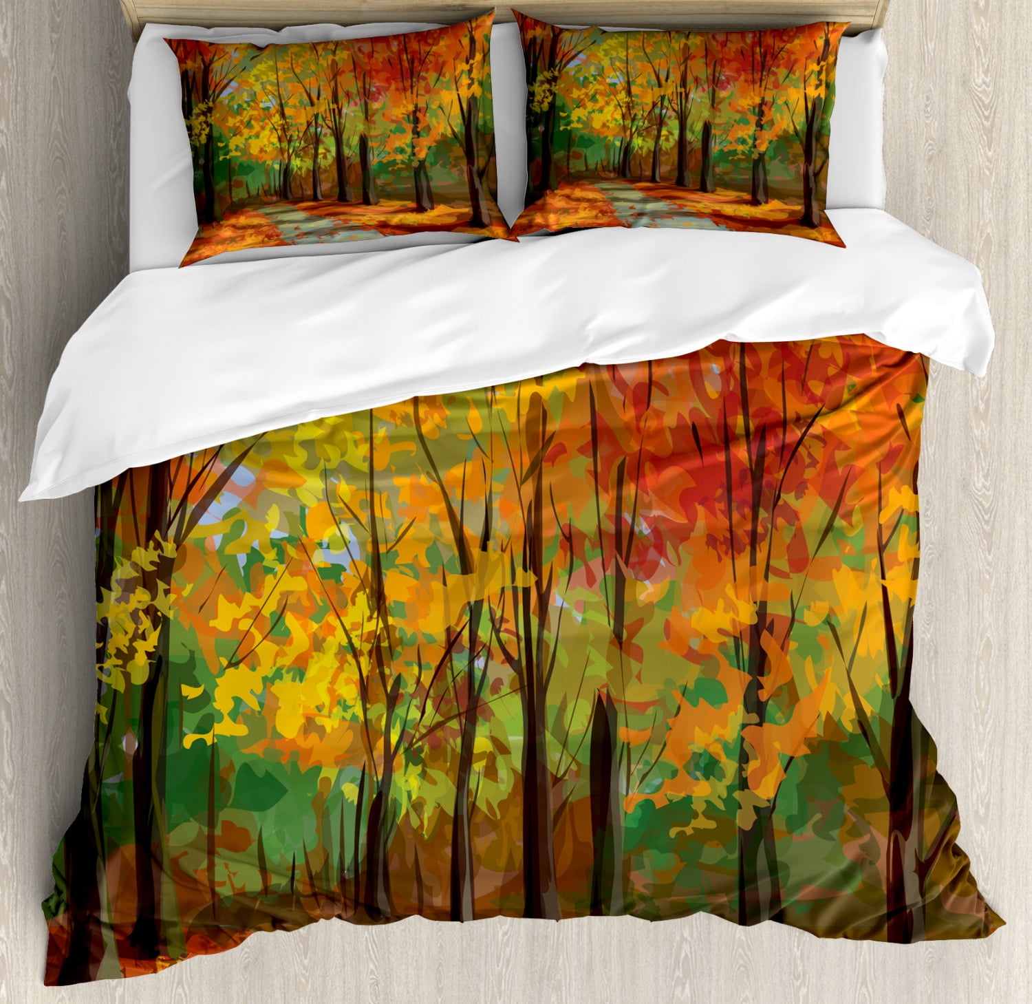 Rustic Duvet Cover Set Queen Size, North Woods Falling Leaves Fall Park ...