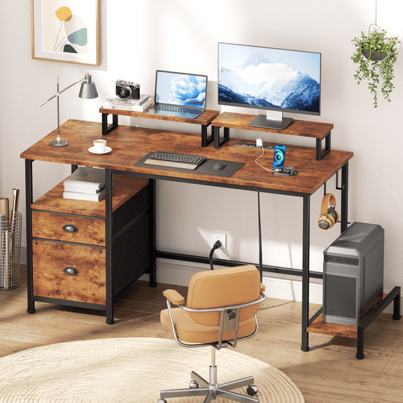 Satifur Office Desk with Drawers & Charging Station, Gaming Desk with Movable Monitor Stands, Corner Desk with Storage Shelves & File Cabinet, 47" Rustic Brown