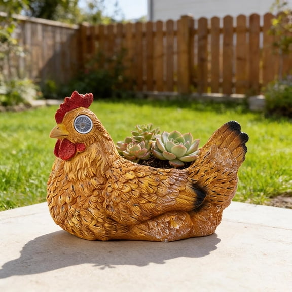 Solar Chicken Planter Resin Hen Glowing Eyes Indoor Outdoor