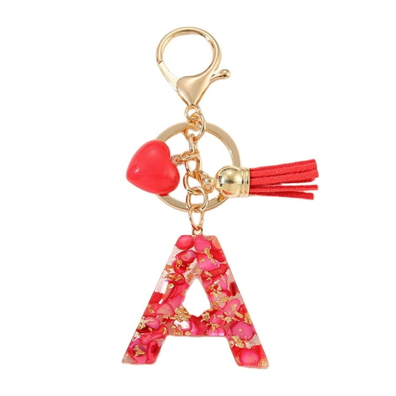 Gierzijia Red Stone Love Tassel A-Z Alphabet Resin Keychain, Initial Letter Key Ring Accessories Bag Charms