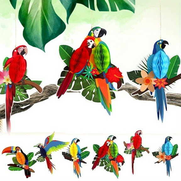 Luxury Tropical Bird Hanging Decor - Set of 6 Realistic Parrots in Varied Sizes | Elegant Accent for Jungle Theme Party & Hawaiian Luau