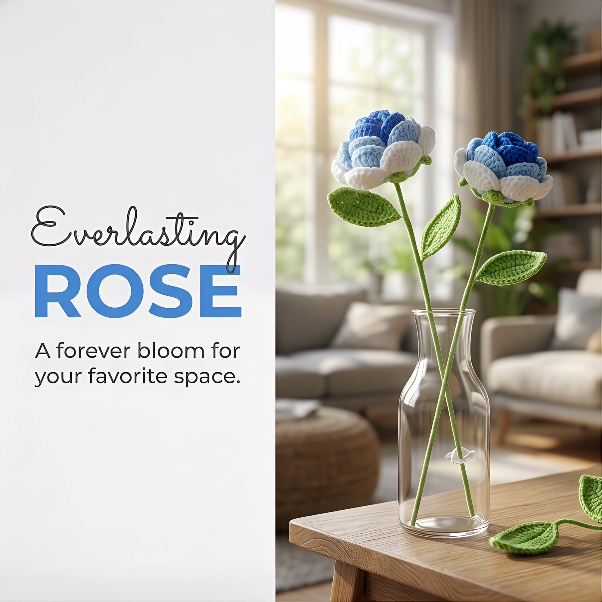 Unique Bargains 4Pcs Handmade Crochet Long Stem Realistic Fake Roses Rose Blue 13in