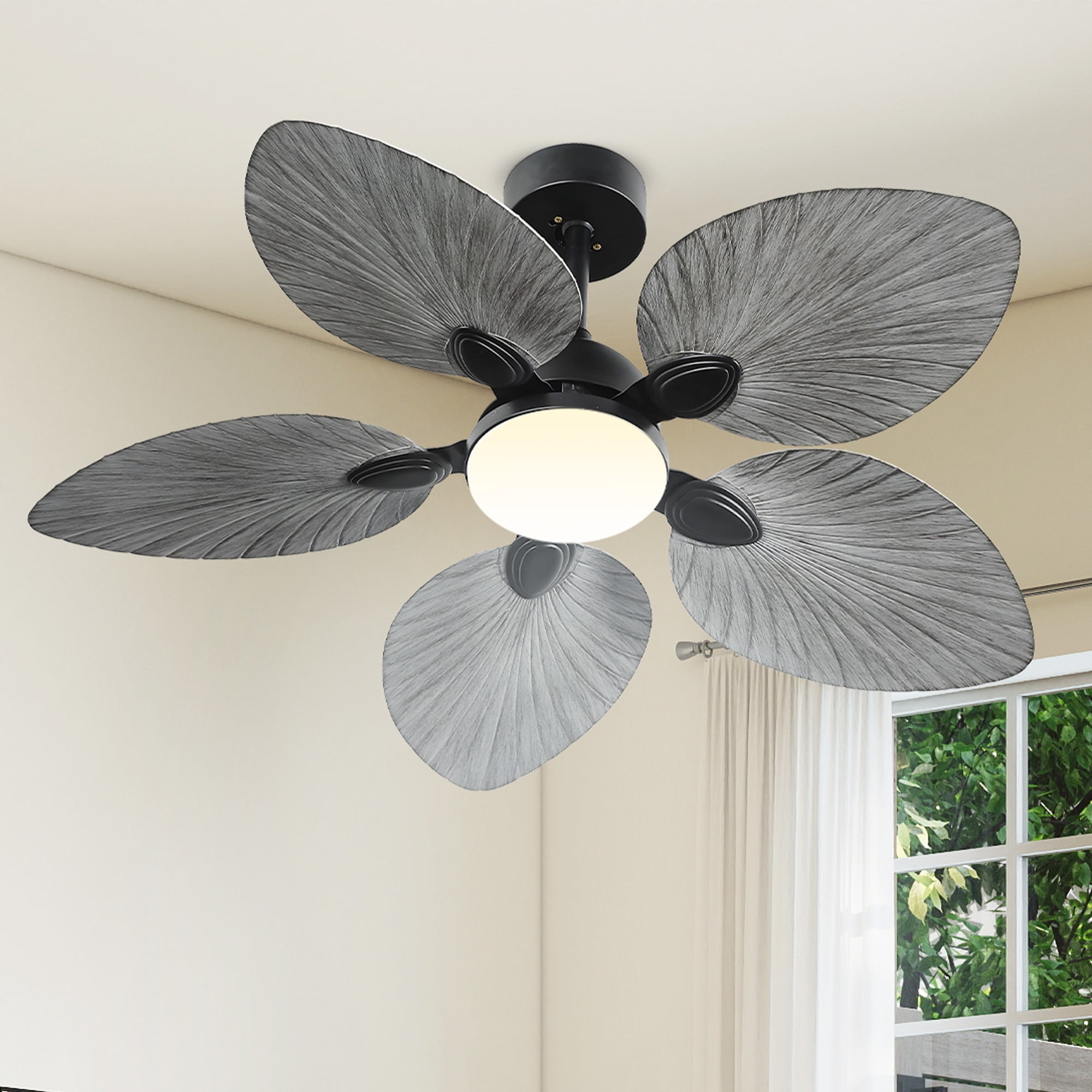 Uforic 42 Inch Tropical Palm Leaf Ceiling Fan with Lights and Remote/APP Control, Quiet DC Motor, 6-Speed, Dimmable, Adjustable Height, Reversible 5 Blades - Gray