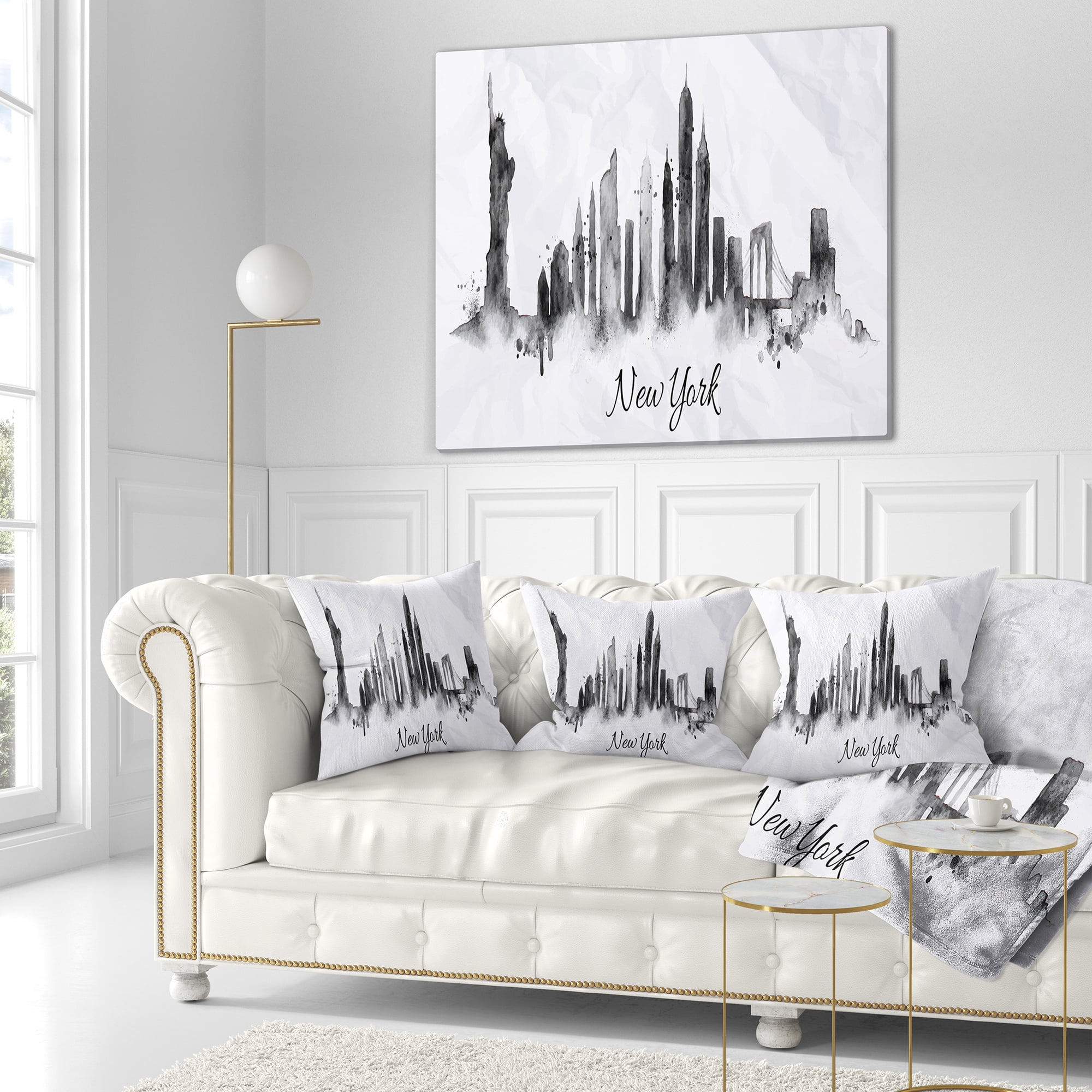 Designart Silhouette Ink New York - Cityscape Throw Pillow - 16x16