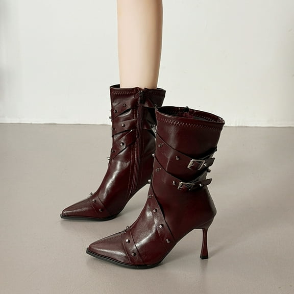 Roncen Women's Winter Ankle Boots Fashion Casual Stiletto Heel - Pointed Toe Side Zipper Solid Color Booties for Daily Wear