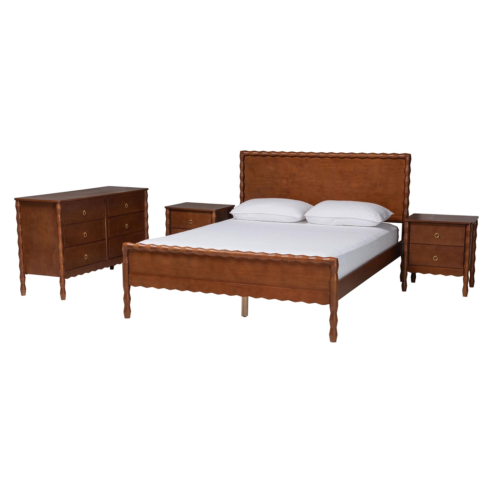 Baxton Studio Seamus Mid-Century Modern Bedroom Set, 4-Piece Set with Two Nightstands, Queen, Walnut Brown