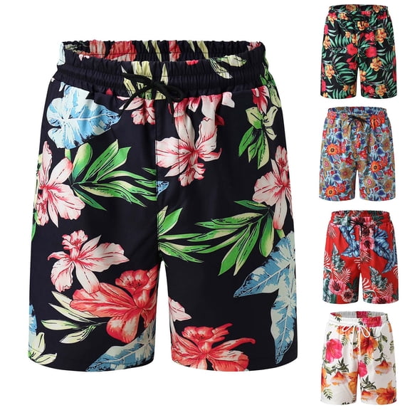 JAJAHO Mens Beach Shorts Summer Hawaiian Outfits Tropical Floral Print Loose Fit Drawstring Shorts Trendy Bottoms