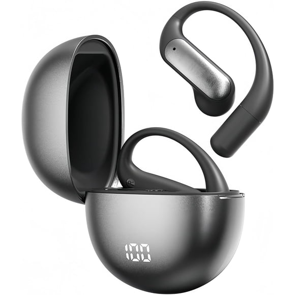 GuDoQi Audifonos Inalambricos Deportivos, Open-Ear Audífonos Bluetooth 5.4, Clip de Oreja, Llamadas de Voz HD, Indicador LED de Batería, para Correr Hacer Ejercicio, Compartimento Redondo, Negro