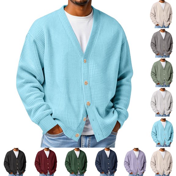 Yifymode Men's Waffle Knit V Neck Button Down Cardigan Sweater, Long Sleeve Loose Fit Casual Outerwear for Fall Daily School Streetwear