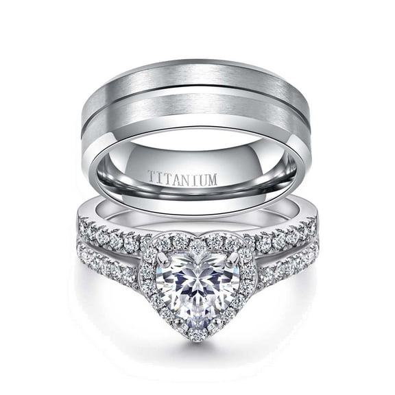 Ringheart Couple Rings Matching Ring Heart AAA CZ White Gold Plated Women Wedding Ring Sets for Him and Her Rings