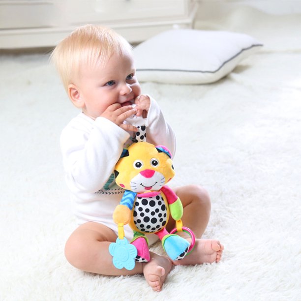 Honeeladyy - Asiento de coche de peluche suave para bebé, juguete para colgar con 32 canciones y mordedor, para cuna de bebé recién nacido, actividad sensorial, animal de peluche para bebés, niños y