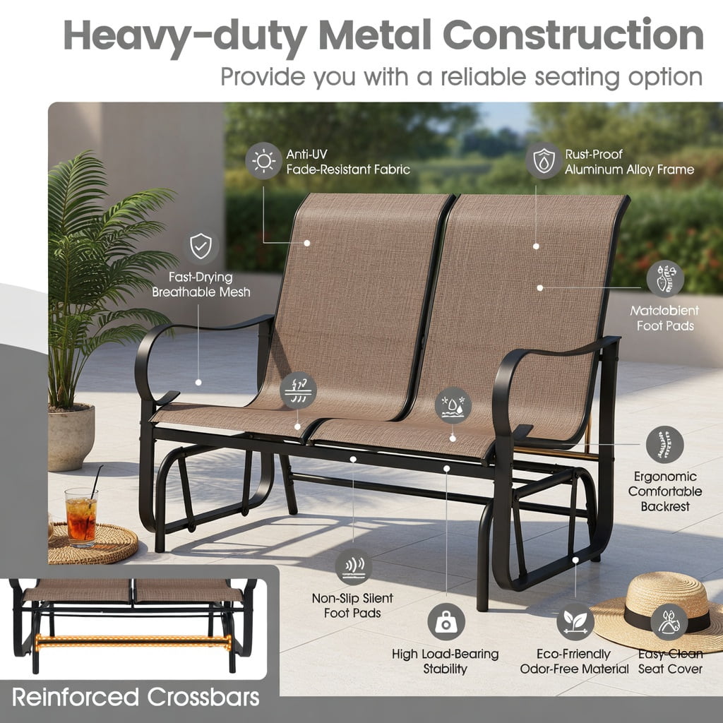 Hommoo 2-Person Outdoor Glider Bench with High Backrest, Metal Patio Swing Seat for Porch, Balcony & Garden, Gray