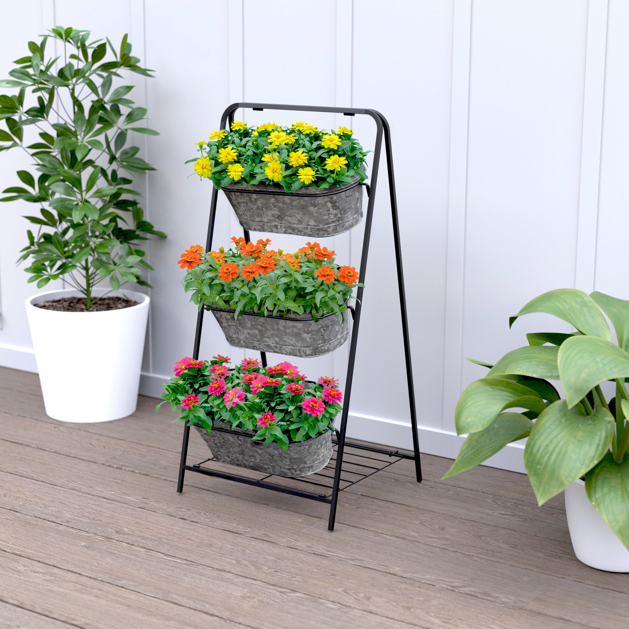 Panacea Large Oval Galvanised Metal Planter 3 Tier Washtub Style with Drainage Holes for Indoor/Outdoor