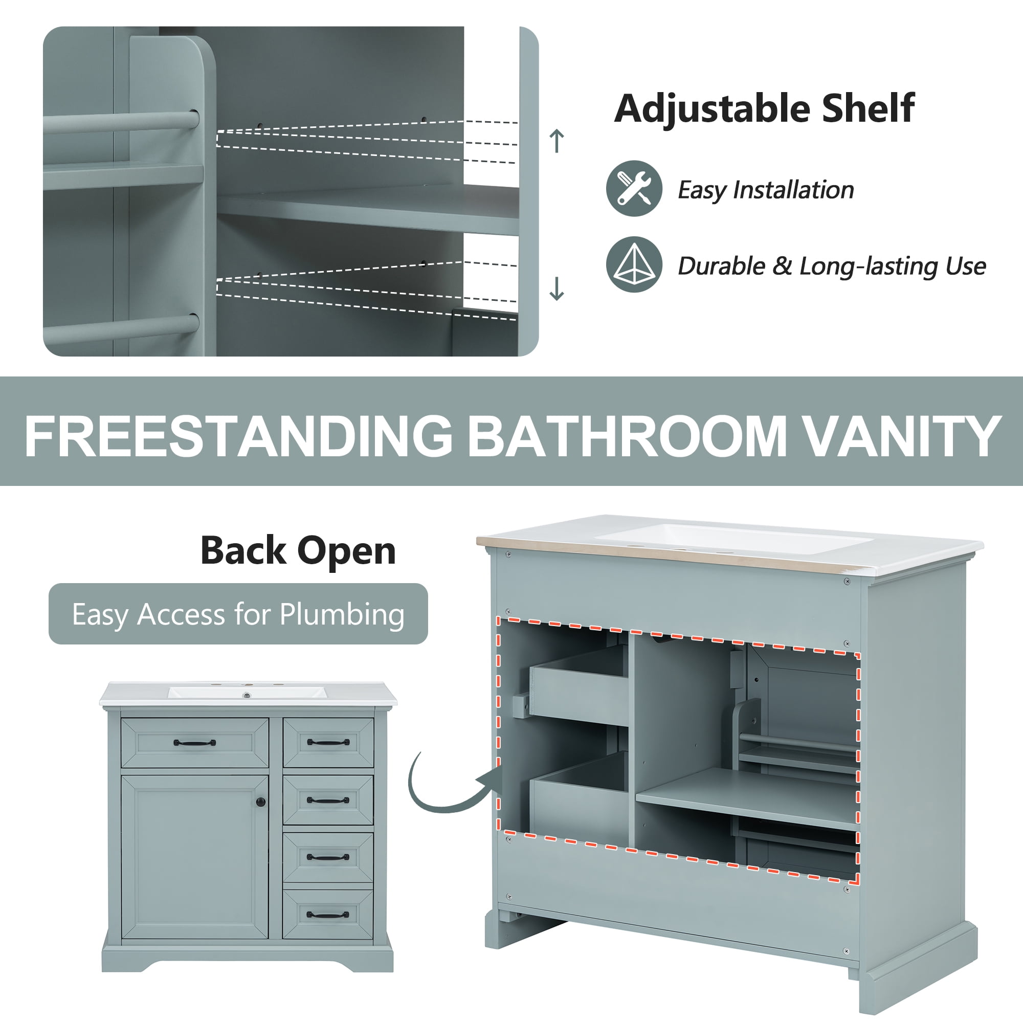 Euroco 36" Bathroom Vanity with Sink, Ceramic Sink, 2 Tip-out Drawers, Soft Close Door Hinges