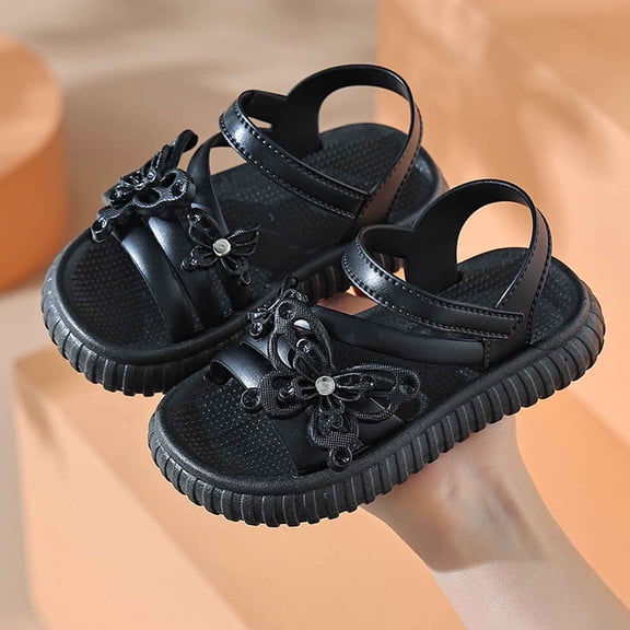Conairie Sandals For Girl Open Toe Adjustable Strap Flower Slip On Sandals Kid Fashionable Soft Outdoor Walking Shoes Black 2.5-3 Y