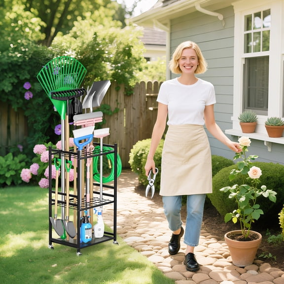 RELOIVE Garden Tool Organizer With Wheels, Yard Tower Rack for Garage Storage, Up to 35 Long-Handled Tools, Sturdy Metal Steel Holder With 3 Hooks, Outdoor, Black