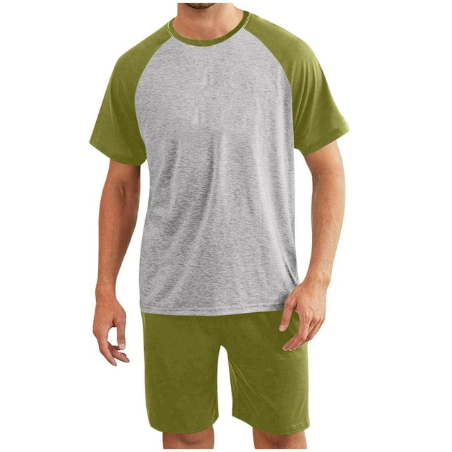 Ensemble de Pyjama pour Hommes, Chemise à Manches Courtes Col Rond et Shorts à Taille Élastique avec Poches Fonctionnelles, Vêtements de Nuit en Polyester Doux, Vêtements de Détente Décontractés