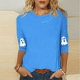 thumbnail image 2 of Women's Funny Halloween T-shirts 3/4 Sleeve Round Neck Ghost Graphic Printed Casual Tees Holiday Tops Plus Size (XL, Sky Blue), 2 of 4