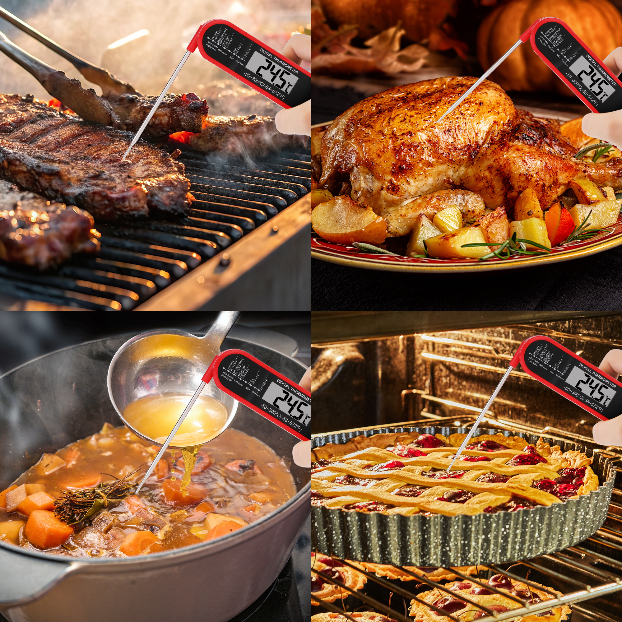 Unique Bargains Foldable Instant Read Cooking Thermometer Red 6.0x1.3x0.7 inch