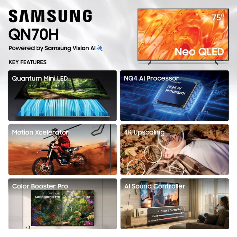 Samsung 75" Class QN70H Series Neo QLED Mini LED 4K UHD Samsung Vision AI Smart Tizen TV 2026 - QN75QN70HAFXZA front and back view