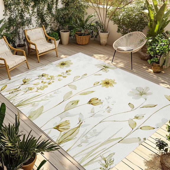 Yellow Spring Floral Outdoor Rug for Patio/Deck/Porch, Non-Slip Large Area Rug 5 x 7 Ft, Summer Flowers Botanical Elegant Indoor Outdoor Rugs Washable Area Rugs, Reversible Camping Rug Carpet Runner