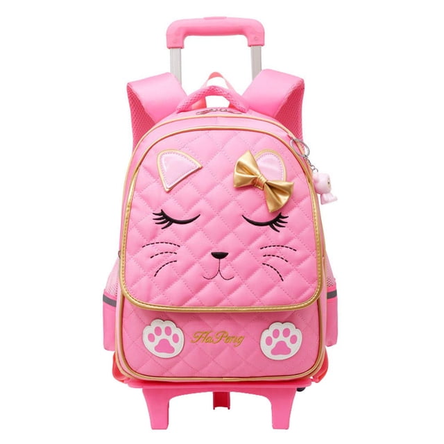 mochila con ruedas mitowermi, bonita mochila escolar trolley para niñas rosa con diseño de cara de gato acolchada y lazo dorado; vista frontal con asa telescópica extendida, correas acolchadas en S, bolsillo frontal con patitas y colgante de peluche, base con plataforma de ruedas (2 o 6 ruedas) y bolsillos laterales de malla; suele usarse también como mochila de viaje ligera para salidas cortas.