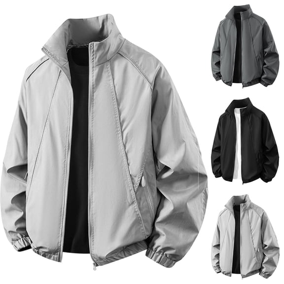 PNTUTB Fashion Men's Solid Color Jacket Stand Collar Full Zip Windbreaker Lightweight Casual Loose Comfort Long Sleeve Outdoor Sporty Coat with Pockets