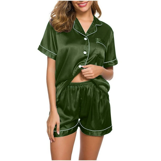 Conjunto de pijama de seda para mujer: top de satén con botones y pantalones cortos, ropa de estar por casa suave, ideal para las noches de verano y para relajarse de forma informal.