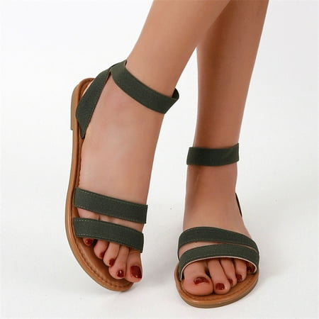 

Hvyes Women s Open Toes Two Band Ankle Strap Flat Sandals Summer Casual Dressy Cute Sandals Comfortable Trendy Strappy Shoes Size 5.5